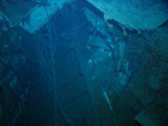 Looking into inverted bow section. Note chain cable visible